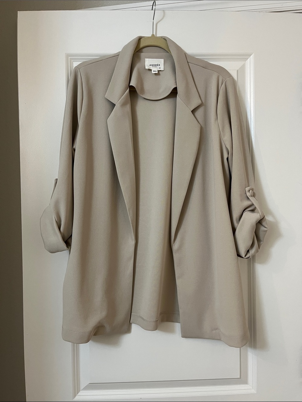 Andree Beige Open-Front Roll-Sleeve Blazer